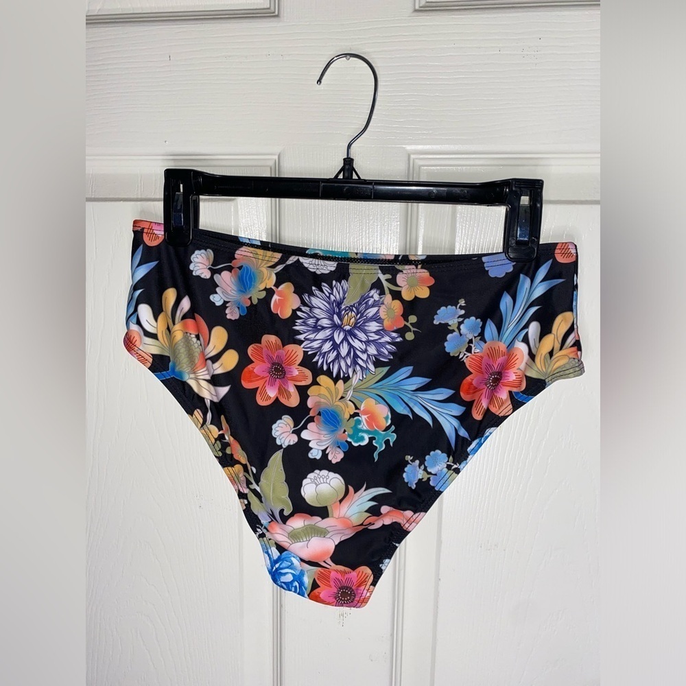 High-Waisted Black with Colorful Floral Print Bikini Bottoms, Bold & Flattering